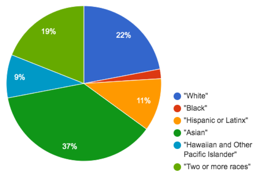 pie chart: 22% White, small wedge for Black, 11% Hispanic/Latinx, 37% Asian, 9% Hawaiian & other Pacific Islander, 19% 2 or more races