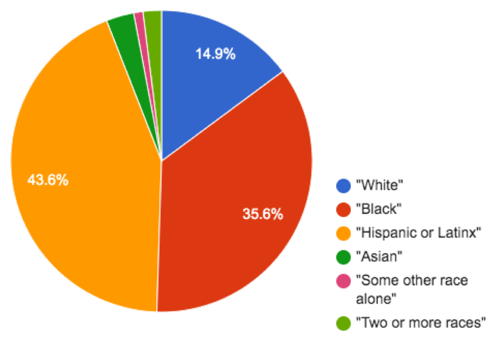 pie chart: 14.9% White, 35.6% Black, 43.5% Hispanic/Latinx, Small wedges for Asian, Some other race alone, Two or more races