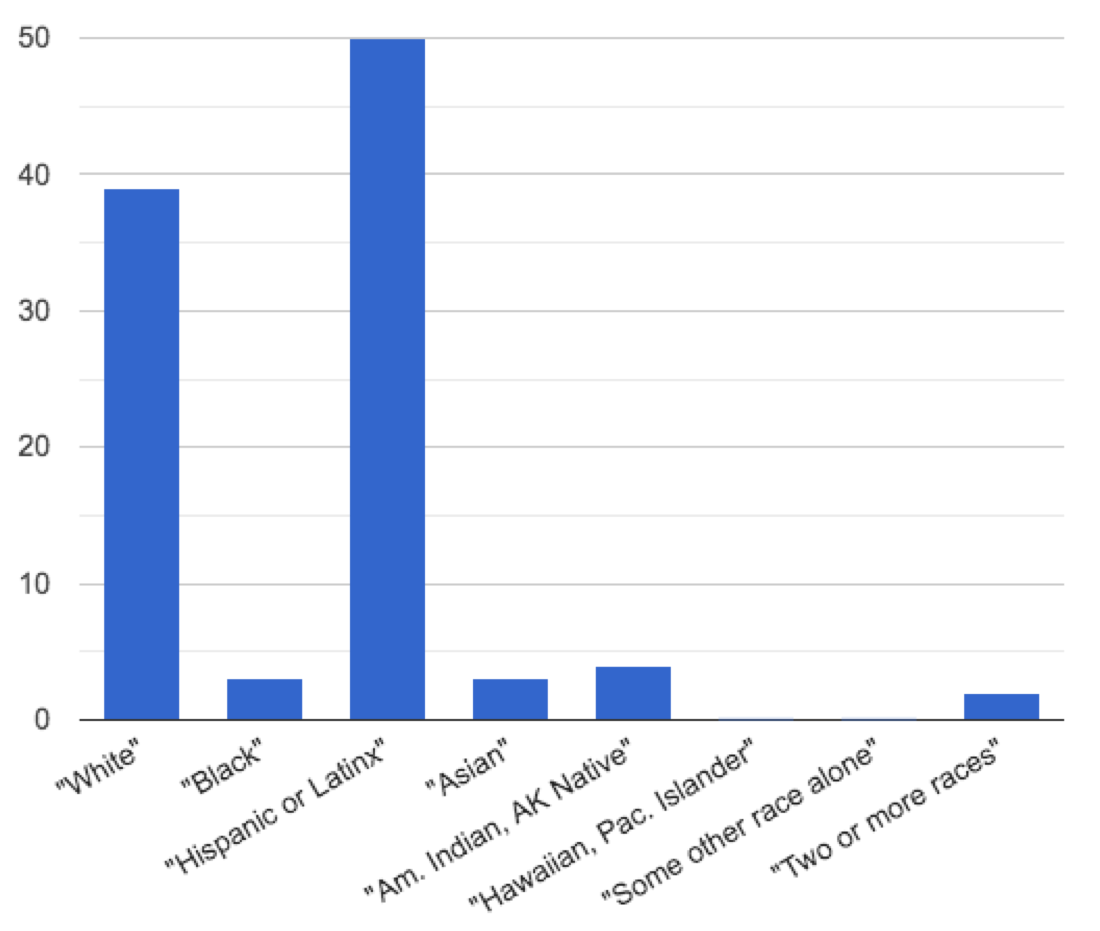 bar chart: tall bar for White, small bar for Black, tallest bar for Hispanic/Latinx, Small bars for Asian, American Indian / Alaska Native, No bars for Hawaiian / Pacific Islander, Some other race alone. Small bar for two or more races