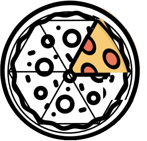 A line-drawing of a pizza slice, superimposed over a hexagon inscribed within a circle such that the slice appears to be one of the triangles within the hexagon