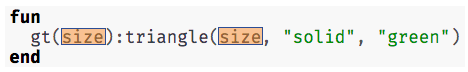 In the gt Function Definition, we see that the changing numbers in the examples have been replaced by the word "size", the variable that describes them, such that when gt applies size, triangle applies size, "green" and "solid